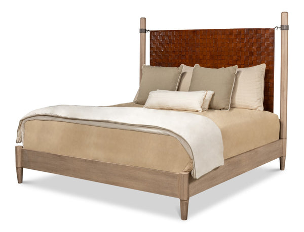 Sarreid Marcus King Bed - Hand Woven Leather With Flaky Pine Finish & Hand Forged Iron Craftsmanship Brown  53328