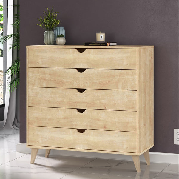 Homeroots 36" Elegant Five Drawer Dresser - Enhance Your Space With Stylish Storage & Timeless Design Natural Manufactured Wood 533280