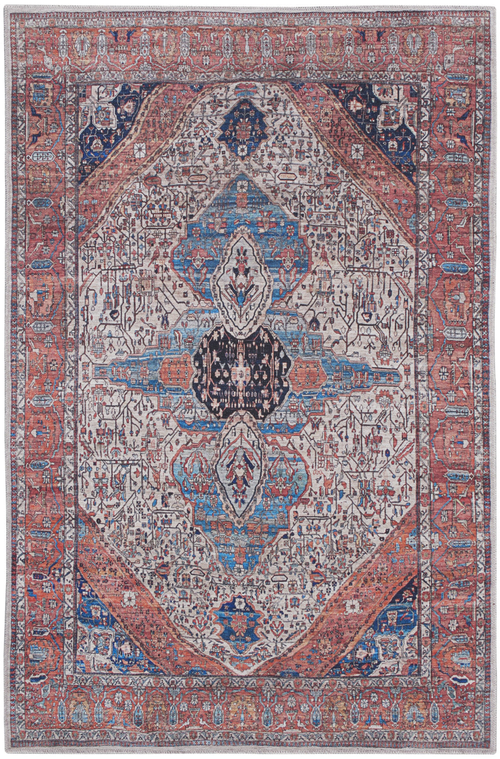 Homeroots 4' X 6' Red And Ivory Oriental Power Loom Distressed Washable Non Skid Area Rug  Polyester 533284