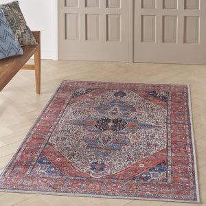 Homeroots 4' X 6' Red And Ivory Oriental Power Loom Distressed Washable Non Skid Area Rug  Polyester 533284