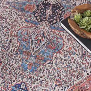 Homeroots 4' X 6' Red And Ivory Oriental Power Loom Distressed Washable Non Skid Area Rug  Polyester 533284