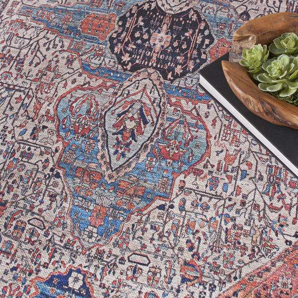 Homeroots 4' X 6' Red And Ivory Oriental Power Loom Distressed Washable Non Skid Area Rug  Polyester 533284