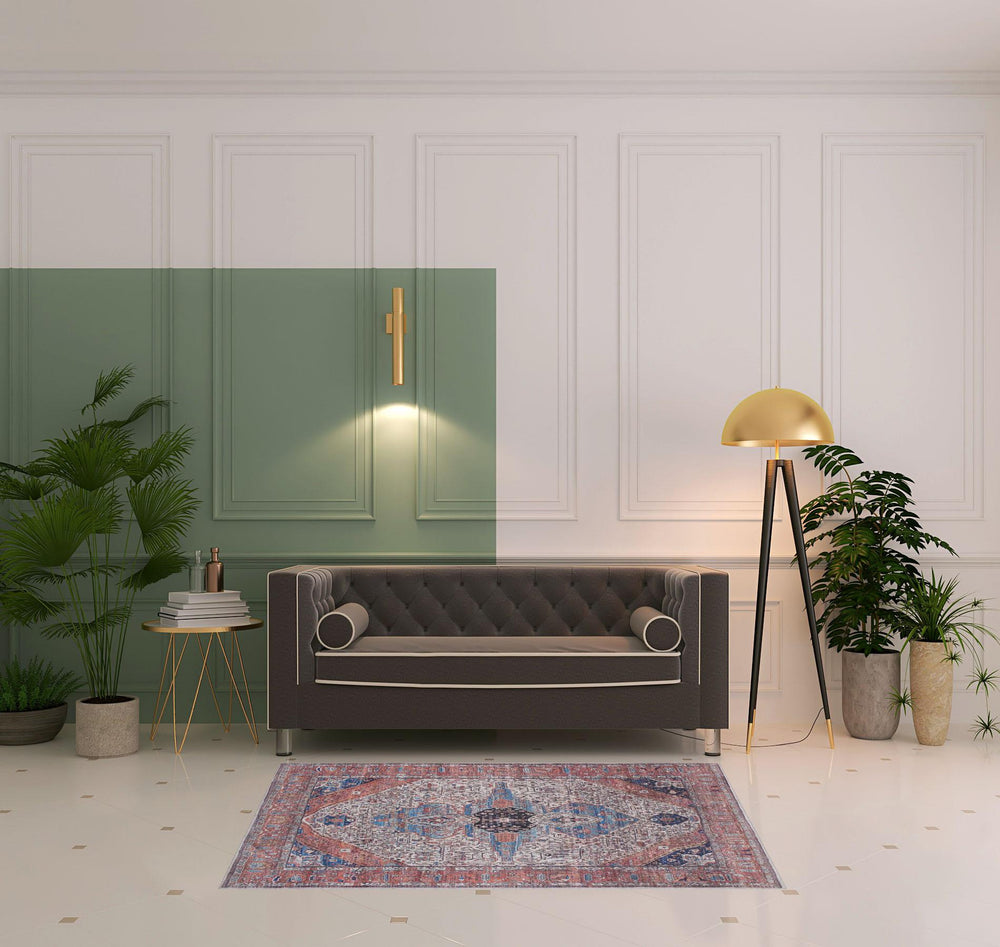 Homeroots 4' X 6' Red And Ivory Oriental Power Loom Distressed Washable Non Skid Area Rug  Polyester 533284