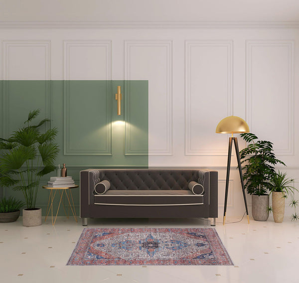 Homeroots 4' X 6' Red And Ivory Oriental Power Loom Distressed Washable Non Skid Area Rug  Polyester 533284