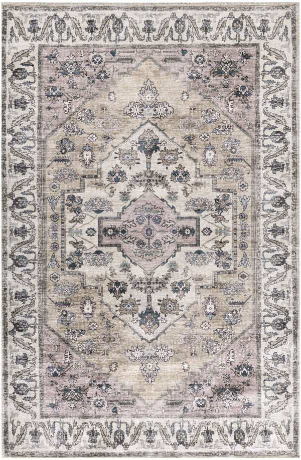 Homeroots 4' X 6' Beige And Gray Oriental Power Loom Distressed Washable Non Skid Area Rug  Polyester 533288