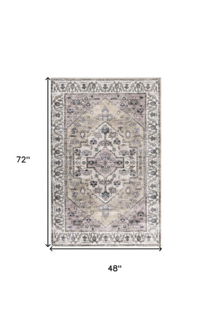 Homeroots 4' X 6' Beige And Gray Oriental Power Loom Distressed Washable Non Skid Area Rug  Polyester 533288