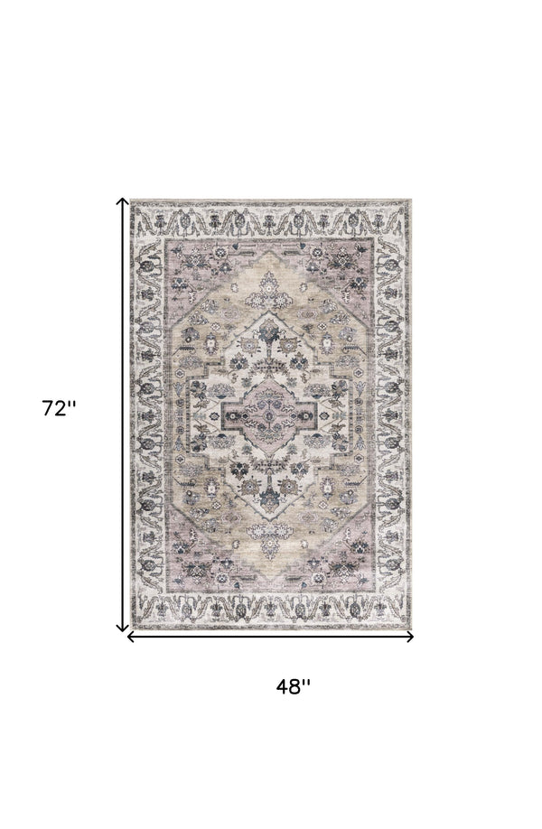 Homeroots 4' X 6' Beige And Gray Oriental Power Loom Distressed Washable Non Skid Area Rug  Polyester 533288