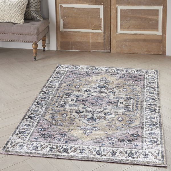 Homeroots 4' X 6' Beige And Gray Oriental Power Loom Distressed Washable Non Skid Area Rug  Polyester 533288