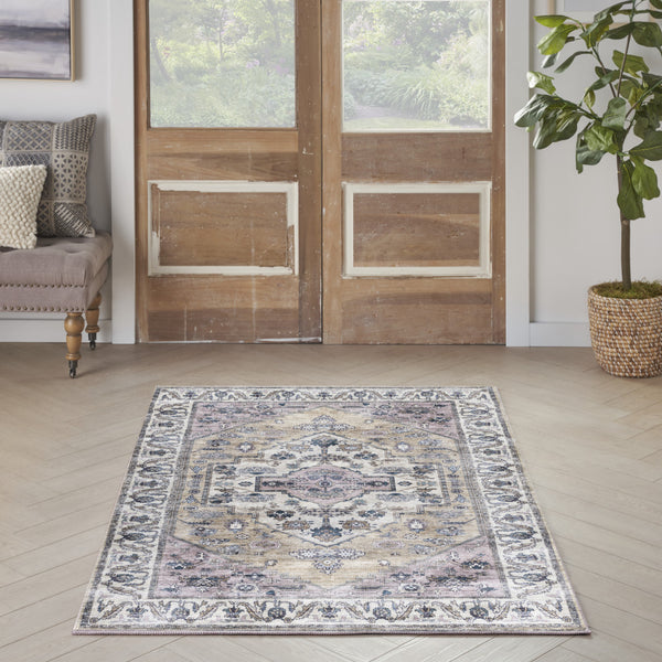 Homeroots 4' X 6' Beige And Gray Oriental Power Loom Distressed Washable Non Skid Area Rug  Polyester 533288