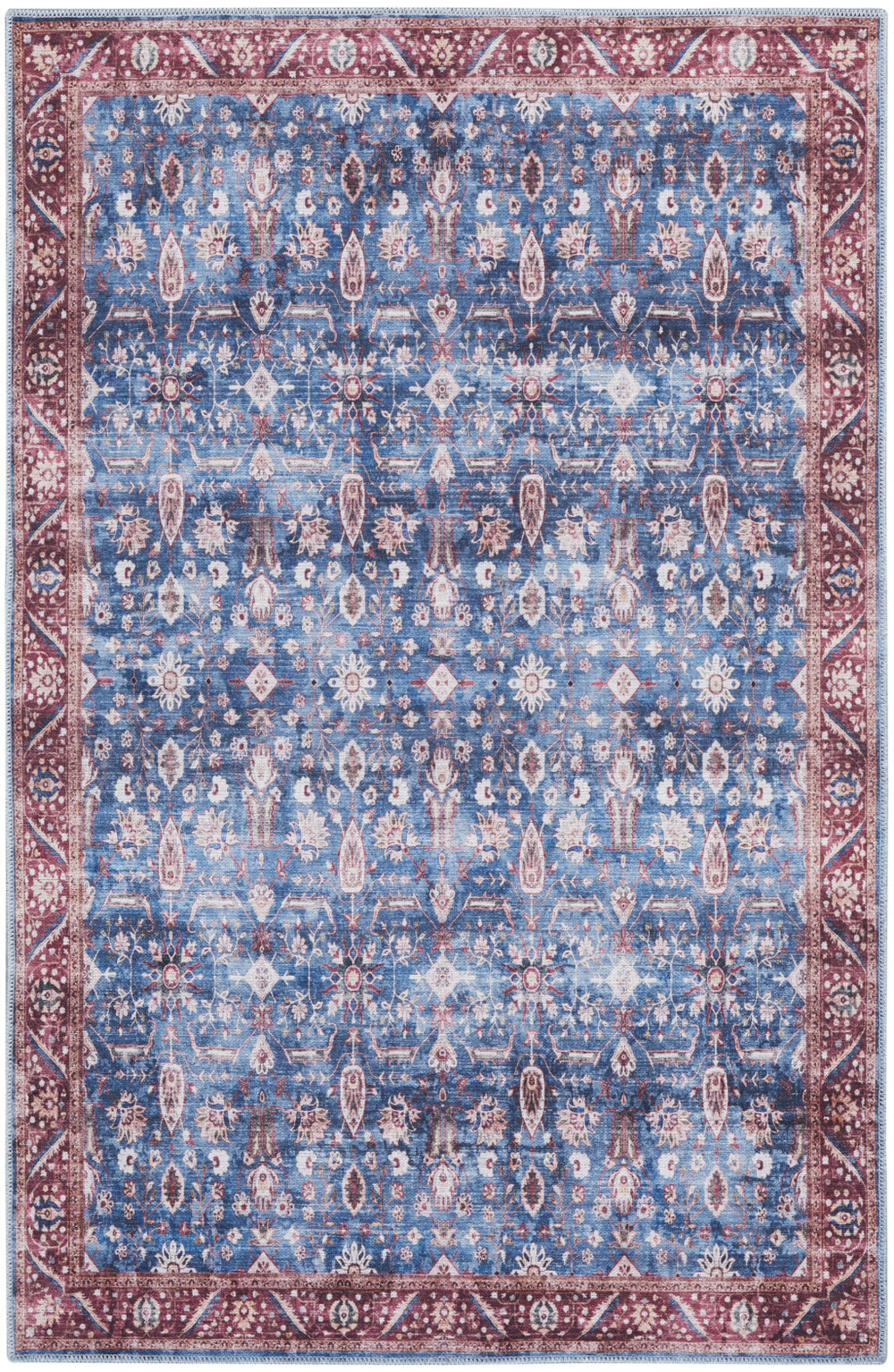 Homeroots 4' X 6' Blue And Red Oriental Power Loom Distressed Washable Non Skid Area Rug  Polyester 533289