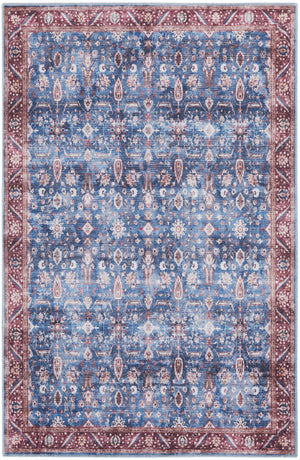 Homeroots 4' X 6' Blue And Red Oriental Power Loom Distressed Washable Non Skid Area Rug  Polyester 533289