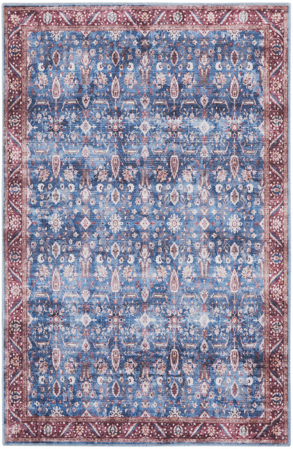 Homeroots 4' X 6' Blue And Red Oriental Power Loom Distressed Washable Non Skid Area Rug  Polyester 533289