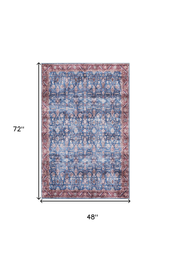 Homeroots 4' X 6' Blue And Red Oriental Power Loom Distressed Washable Non Skid Area Rug  Polyester 533289