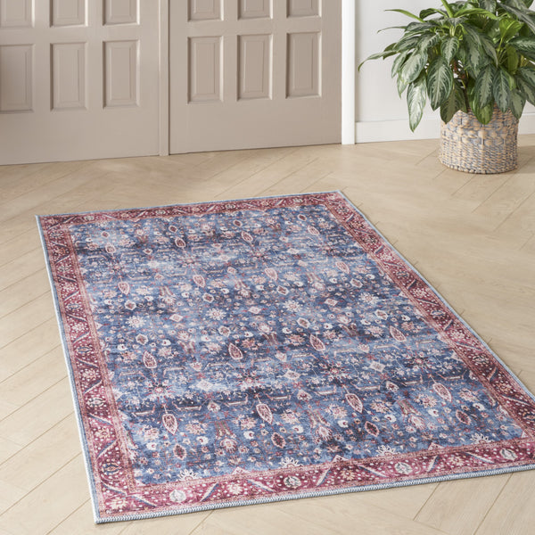 Homeroots 4' X 6' Blue And Red Oriental Power Loom Distressed Washable Non Skid Area Rug  Polyester 533289