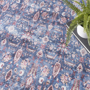 Homeroots 4' X 6' Blue And Red Oriental Power Loom Distressed Washable Non Skid Area Rug  Polyester 533289