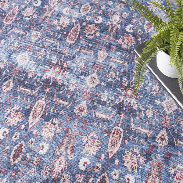 Homeroots 4' X 6' Blue And Red Oriental Power Loom Distressed Washable Non Skid Area Rug  Polyester 533289