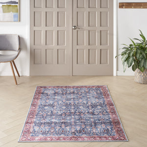 Homeroots 4' X 6' Blue And Red Oriental Power Loom Distressed Washable Non Skid Area Rug  Polyester 533289