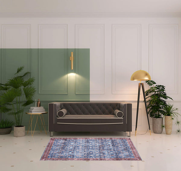 Homeroots 4' X 6' Blue And Red Oriental Power Loom Distressed Washable Non Skid Area Rug  Polyester 533289