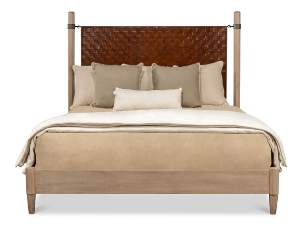 Sarreid Marcus King Bed - Hand Woven Leather With Flaky Pine Finish & Hand Forged Iron Craftsmanship Brown  53328