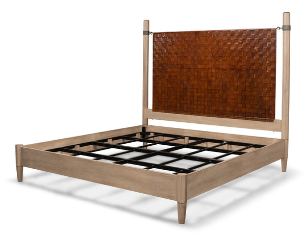 Sarreid Marcus King Bed - Hand Woven Leather With Flaky Pine Finish & Hand Forged Iron Craftsmanship Brown  53328