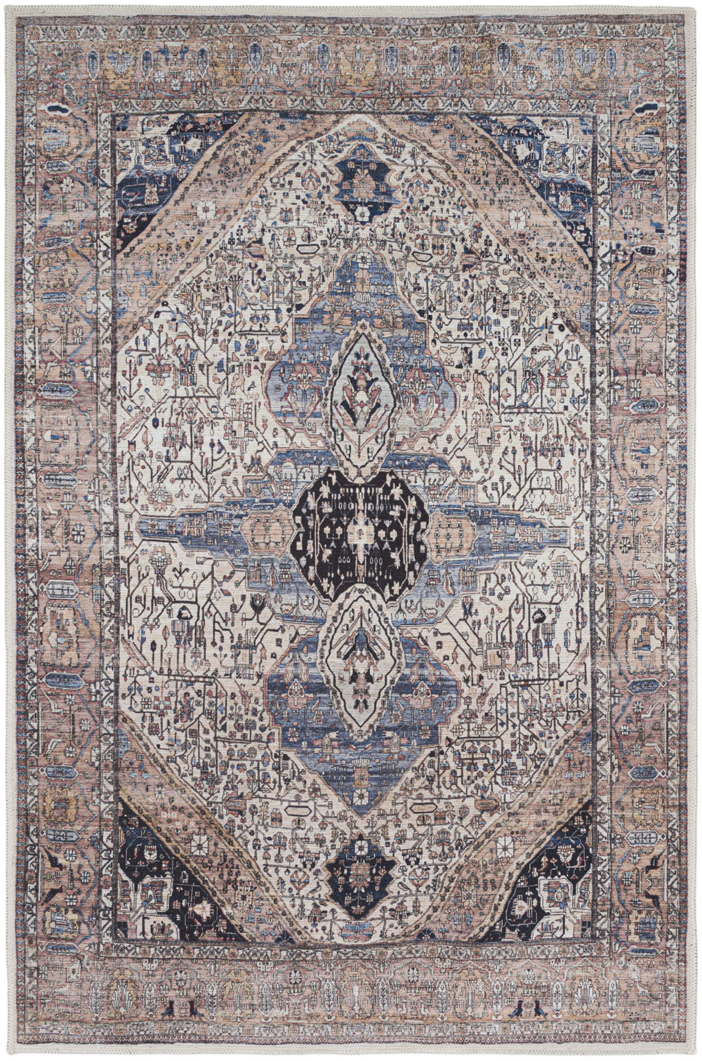 Homeroots 4' X 6' Ivory And Blue Oriental Power Loom Distressed Washable Non Skid Area Rug  Polyester 533291