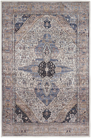 Homeroots 4' X 6' Ivory And Blue Oriental Power Loom Distressed Washable Non Skid Area Rug  Polyester 533291