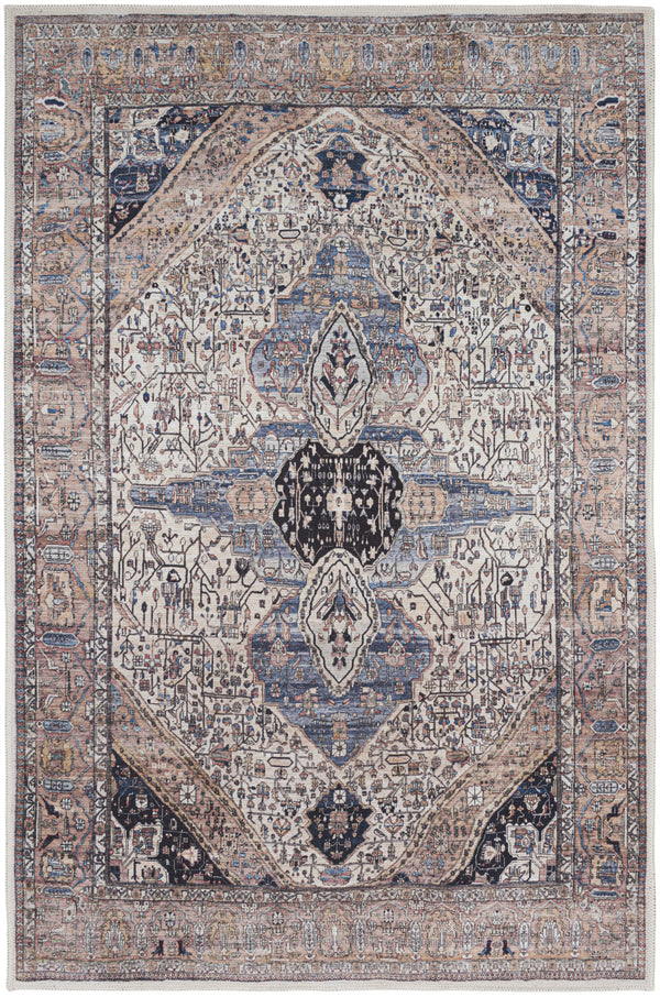 Homeroots 4' X 6' Ivory And Blue Oriental Power Loom Distressed Washable Non Skid Area Rug  Polyester 533291