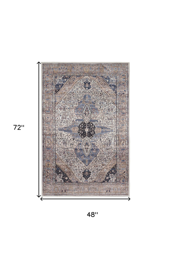 Homeroots 4' X 6' Ivory And Blue Oriental Power Loom Distressed Washable Non Skid Area Rug  Polyester 533291