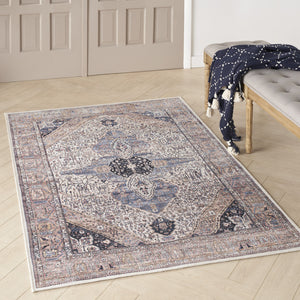 Homeroots 4' X 6' Ivory And Blue Oriental Power Loom Distressed Washable Non Skid Area Rug  Polyester 533291