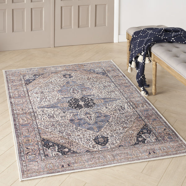 Homeroots 4' X 6' Ivory And Blue Oriental Power Loom Distressed Washable Non Skid Area Rug  Polyester 533291