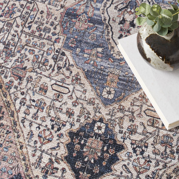 Homeroots 4' X 6' Ivory And Blue Oriental Power Loom Distressed Washable Non Skid Area Rug  Polyester 533291