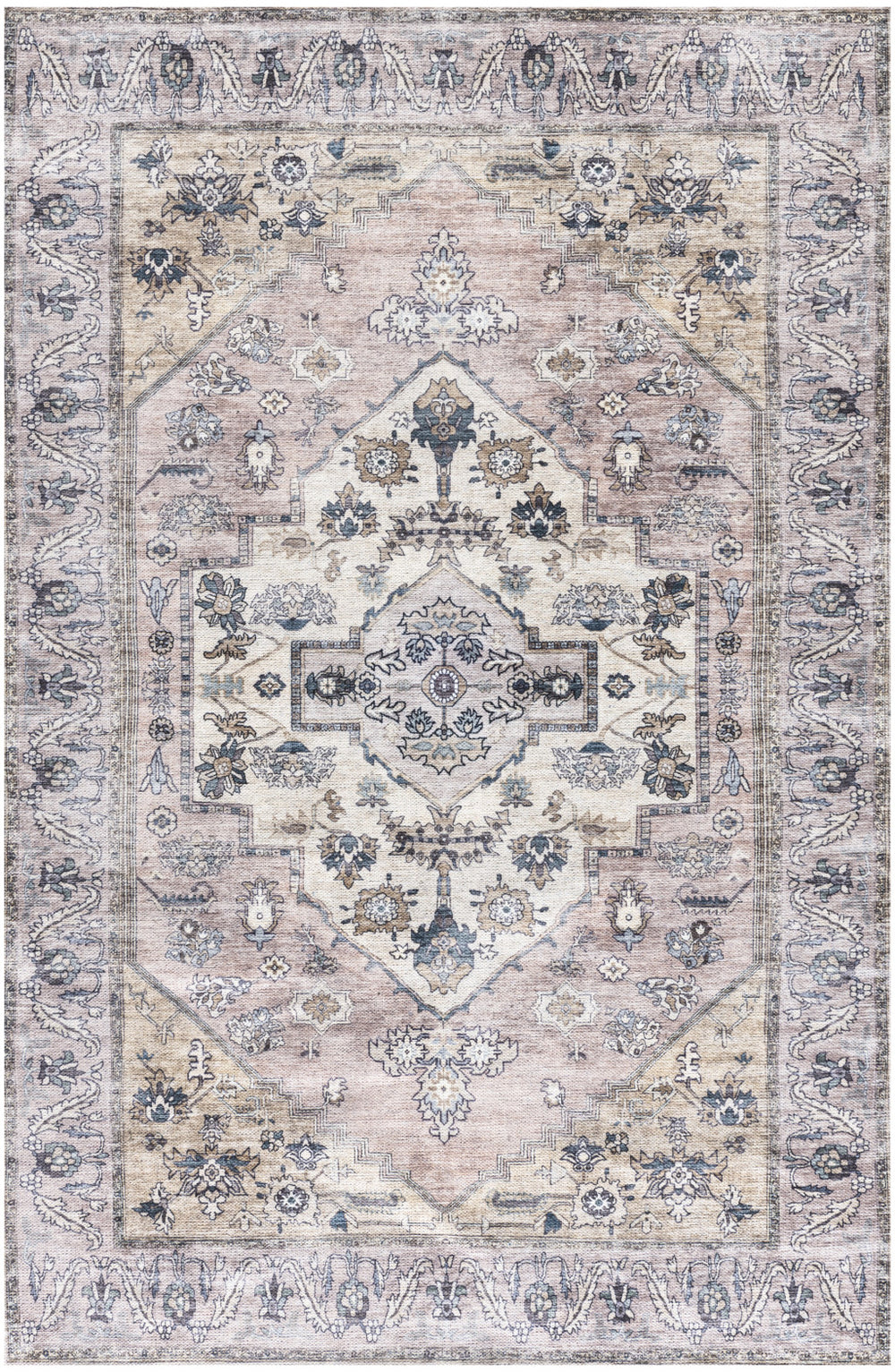 Homeroots 4' X 6' Pink And Blue Oriental Power Loom Distressed Washable Non Skid Area Rug  Polyester 533295