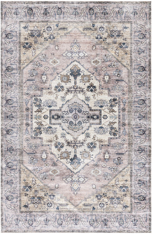 Homeroots 4' X 6' Pink And Blue Oriental Power Loom Distressed Washable Non Skid Area Rug  Polyester 533295