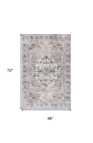 Homeroots 4' X 6' Pink And Blue Oriental Power Loom Distressed Washable Non Skid Area Rug  Polyester 533295