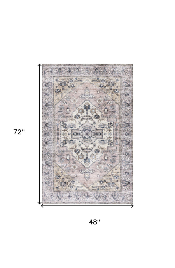 Homeroots 4' X 6' Pink And Blue Oriental Power Loom Distressed Washable Non Skid Area Rug  Polyester 533295