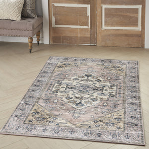 Homeroots 4' X 6' Pink And Blue Oriental Power Loom Distressed Washable Non Skid Area Rug  Polyester 533295