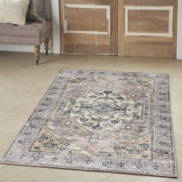 Homeroots 4' X 6' Pink And Blue Oriental Power Loom Distressed Washable Non Skid Area Rug  Polyester 533295