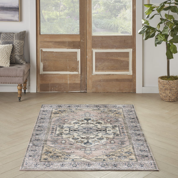 Homeroots 4' X 6' Pink And Blue Oriental Power Loom Distressed Washable Non Skid Area Rug  Polyester 533295
