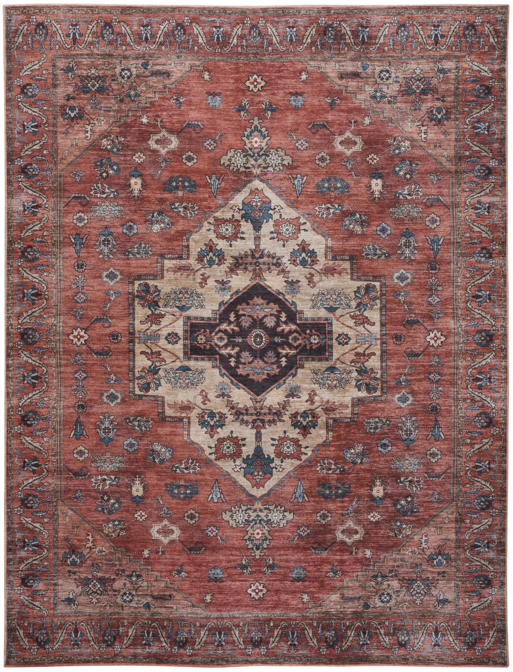 Homeroots 5' X 7' Blue And Red Oriental Power Loom Distressed Washable Non Skid Area Rug  Polyester 533296
