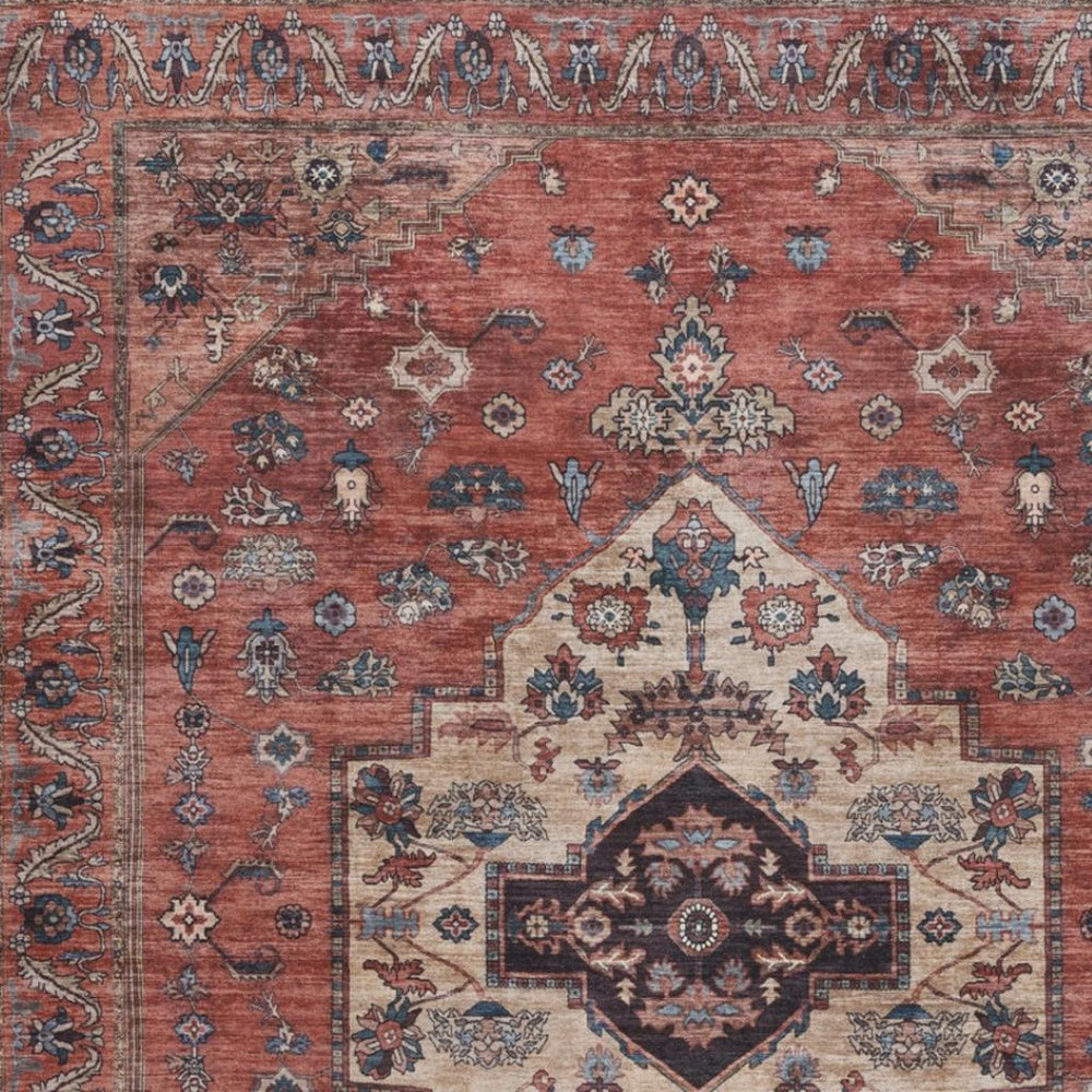 HomeRoots 5' X 7' Blue and Red Oriental Area Rug – Vintage Distressed Design, Durable Power Loom, Washable! 533296