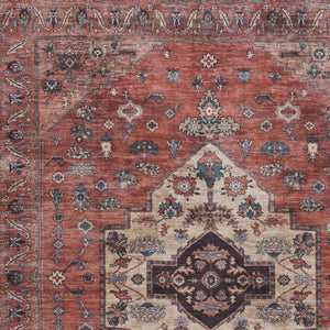 HomeRoots 5' X 7' Blue and Red Oriental Area Rug – Vintage Distressed Design, Durable Power Loom, Washable! 533296