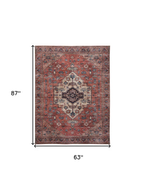 Homeroots 5' X 7' Blue And Red Oriental Power Loom Distressed Washable Non Skid Area Rug  Polyester 533296