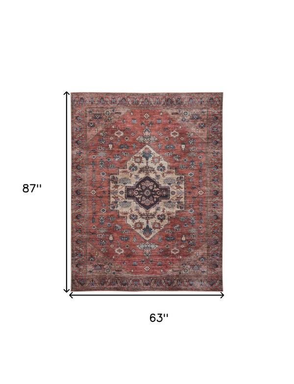 Homeroots 5' X 7' Blue And Red Oriental Power Loom Distressed Washable Non Skid Area Rug  Polyester 533296