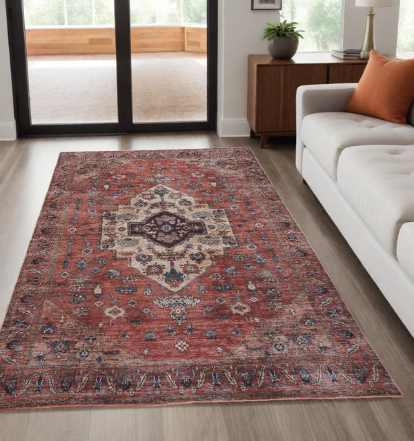 Homeroots 5' X 7' Blue And Red Oriental Power Loom Distressed Washable Non Skid Area Rug  Polyester 533296