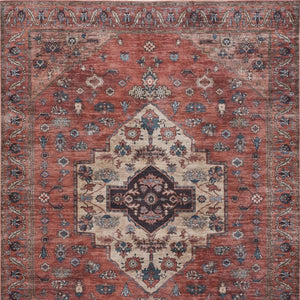HomeRoots 5' X 7' Blue and Red Oriental Area Rug – Vintage Distressed Design, Durable Power Loom, Washable! 533296