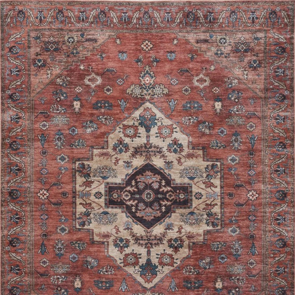 HomeRoots 5' X 7' Blue and Red Oriental Area Rug – Vintage Distressed Design, Durable Power Loom, Washable! 533296