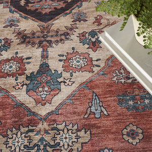 Homeroots 5' X 7' Blue And Red Oriental Power Loom Distressed Washable Non Skid Area Rug  Polyester 533296