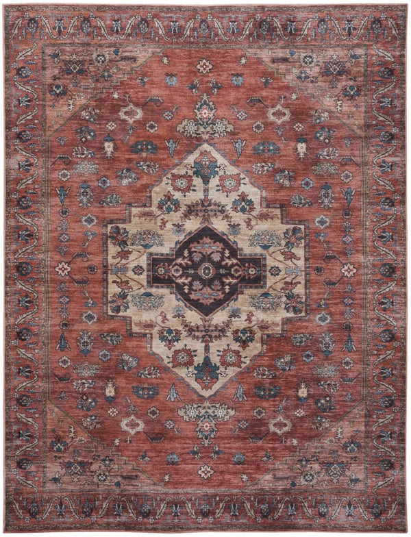 HomeRoots 5' X 7' Blue and Red Oriental Area Rug – Vintage Distressed Design, Durable Power Loom, Washable! 533296