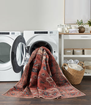 Homeroots 5' X 7' Blue And Red Oriental Power Loom Distressed Washable Non Skid Area Rug  Polyester 533296