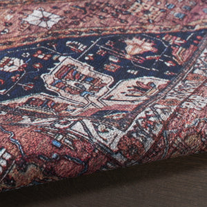 Homeroots 5' X 7' Red And Ivory Oriental Power Loom Distressed Washable Non Skid Area Rug  Polyester 533297